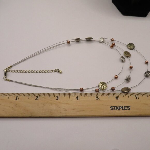 Floating Wire Gold Silver Tone Hammered Discs and Beads Necklace - Picture 4 of 6